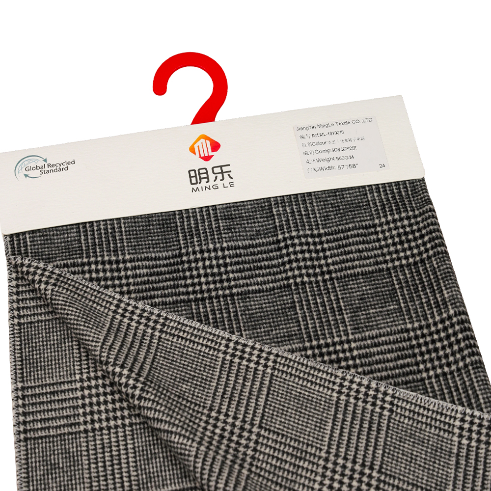 50 % laine, 40 % polyester, 10 % autres fibres, 560 G/M, noir + gris clair, tissu en laine à revêtement simple face à carreaux, ML-1010015